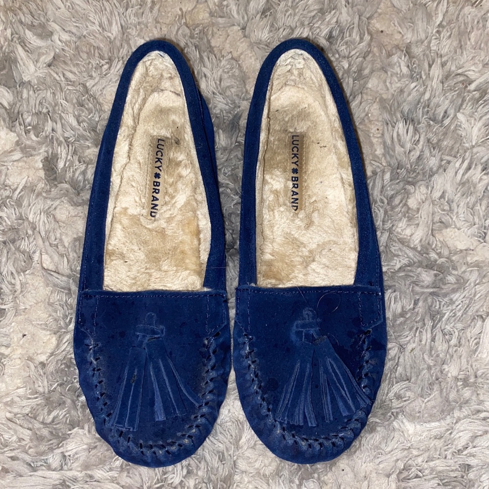 Lucky brand faux fur blue suede moccasins